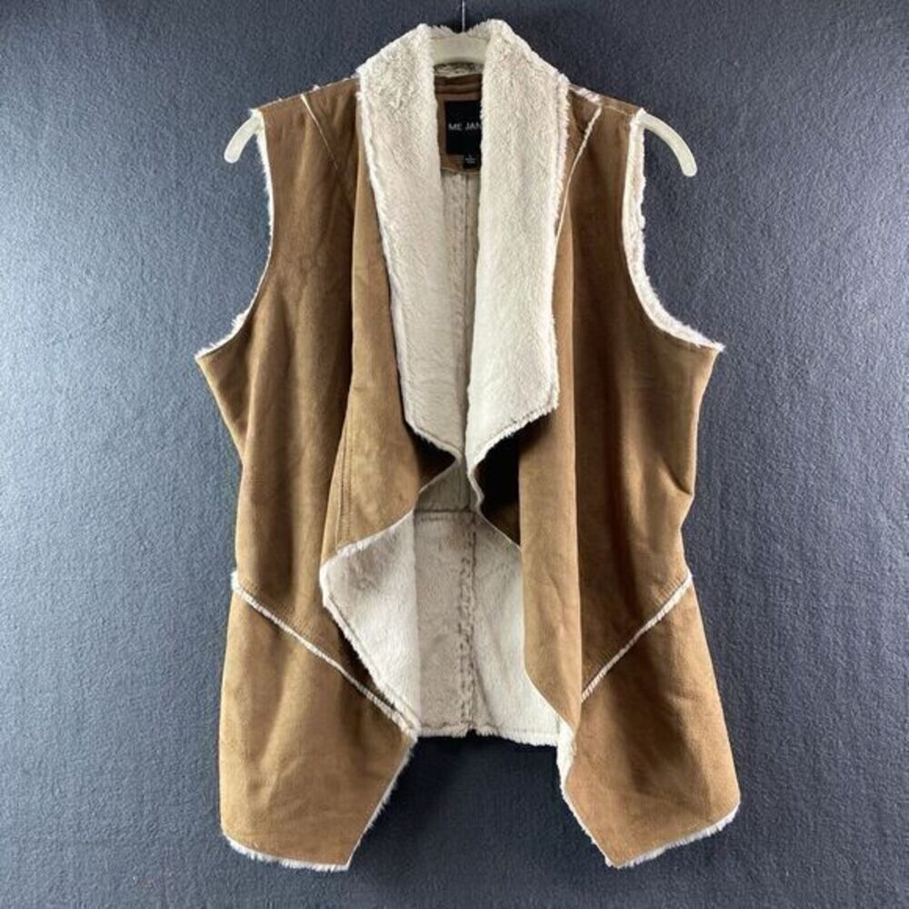 Me Jane Faux Suede Sherpa Vest Large Tan Shawl Collar Open Front Western Boho